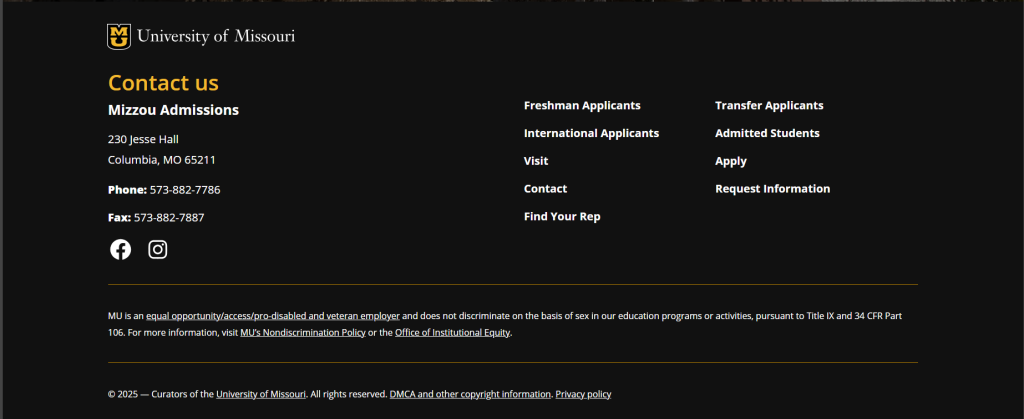 Screenshot of the Mizzou Admissions website footer