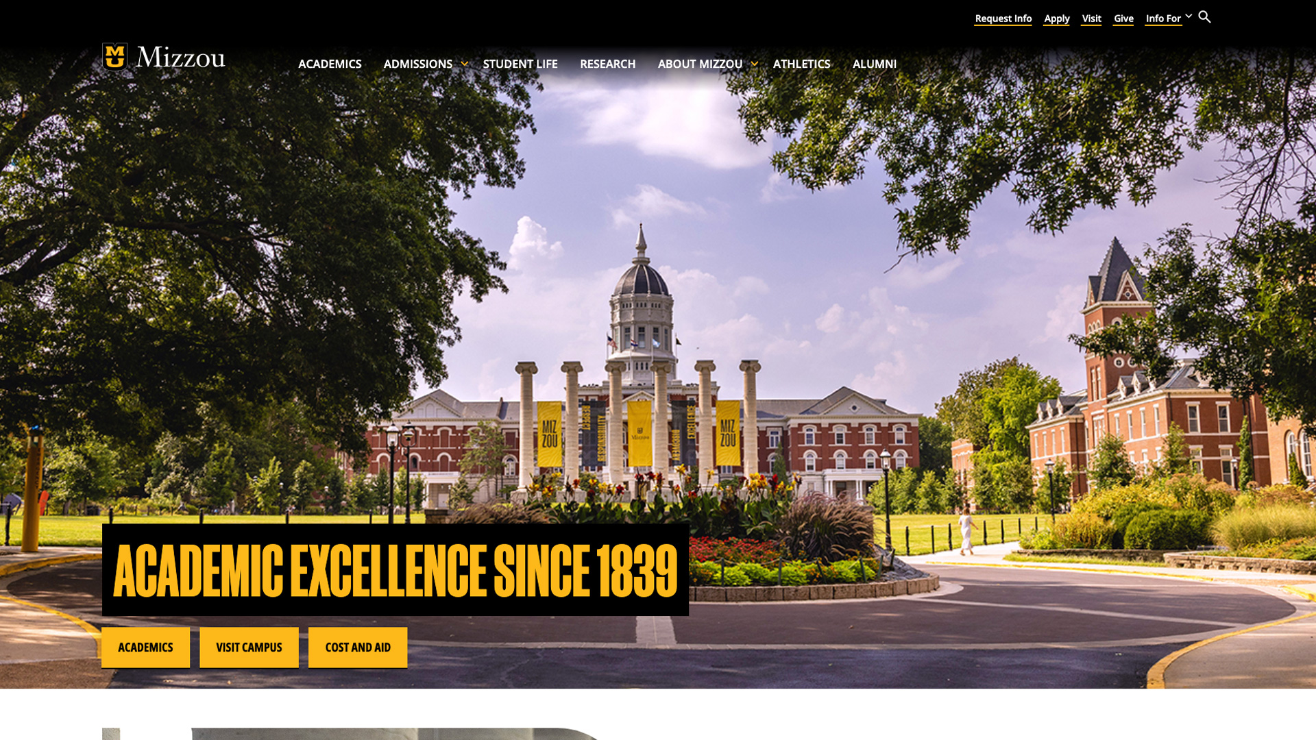 Screenshot of the Mizzou Homepage